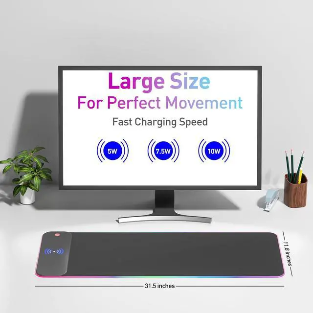 Alt view image 2 of 5 - Wireless Charging RGB Gaming Mouse Pad 10W, 10 Light Modes Extra Large Mousepad,LED Mouse Mat 800x300x4MM, Non-Slip Rubber Base Computer Keyboard Mat for Gaming, PC, Laptop, MacBook,Desk.