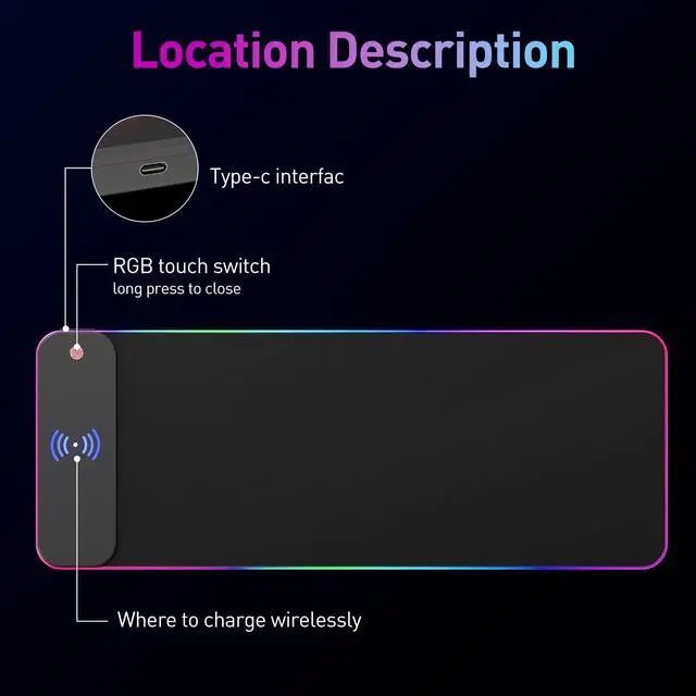 Alt view image 3 of 5 - Wireless Charging RGB Gaming Mouse Pad 10W, 10 Light Modes Extra Large Mousepad,LED Mouse Mat 800x300x4MM, Non-Slip Rubber Base Computer Keyboard Mat for Gaming, PC, Laptop, MacBook,Desk.