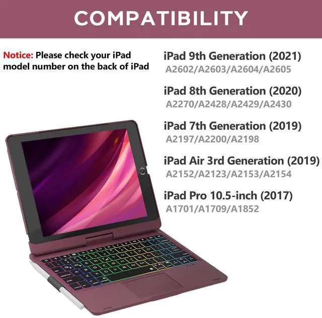 Alt view image 2 of 5 - NOKBABO iPad 9th Generation Case with Keyboard 360deg Rotatable Touchpad and 7 Color Backlight & Pencil Holder for iPad 9th/8th/7th Gen 10.2 inch & iPad Air 3rd Gen/iPad Pro 10.5 inch - Mulberry