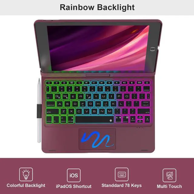 Alt view image 4 of 5 - NOKBABO iPad 9th Generation Case with Keyboard 360deg Rotatable Touchpad and 7 Color Backlight & Pencil Holder for iPad 9th/8th/7th Gen 10.2 inch & iPad Air 3rd Gen/iPad Pro 10.5 inch - Mulberry