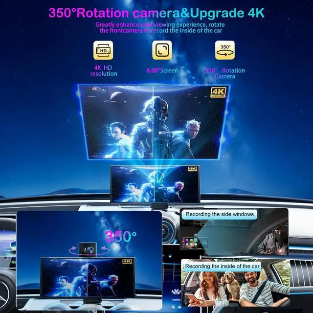 Alt view image 3 of 5 - Wireless Carplay Screen for Car - Compatible with Portable Apple Car play & Android Auto, Car Play Screen with 350deg Backup Camera, Blue-tooth, GPS Navigation, Mirror Link, Fits All Vehicles (8.88")