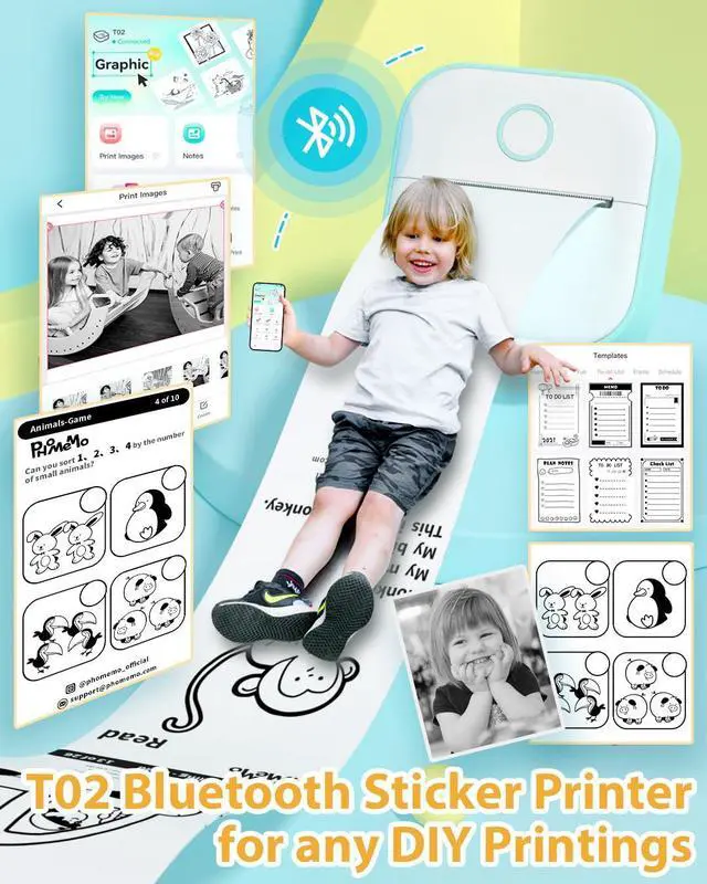 Alt view image 2 of 5 - Phomemo Mini Sticker Printer- Sticker Maker Machine T02, Print Pods Mini Thermal Printer Bluetooth Pocket Label Maker Inkless for DIY Printing, Study Notes, Photos, Memos, Kids/Students Green