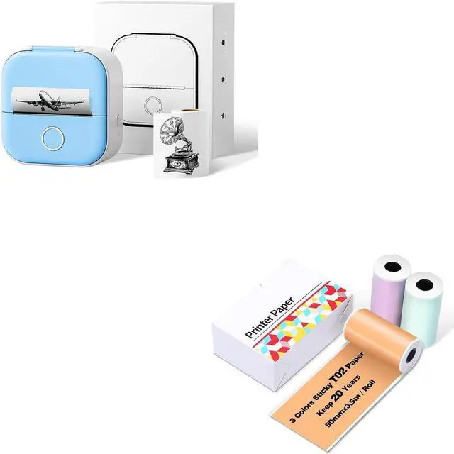 Main image of Ponek T02 Blue Mini Pocket Sticker/Receipt Printer and T02/M02X/M02L Purple/Green/Orange Thermal Paper-20-Year Sticky 50mmx3.5m for Journal Photo