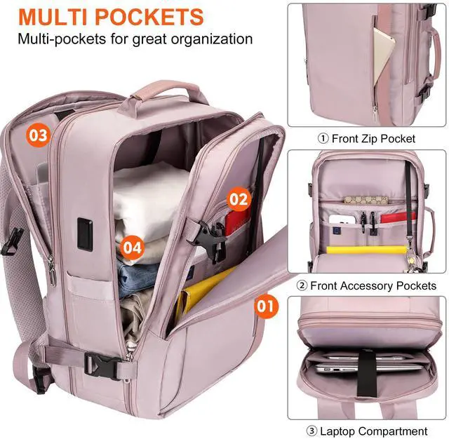 Alt view image 4 of 5 - PIJUSHI Travel Backpack for Women Expandable Carry on Backpacks Flight Approved 40L 16 inch Laptop Bag with USB Port(PE034 Light Purple)