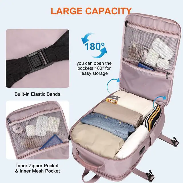 Alt view image 3 of 5 - PIJUSHI Travel Backpack for Women Expandable Carry on Backpacks Flight Approved 40L 16 inch Laptop Bag with USB Port(PE034 Light Purple)