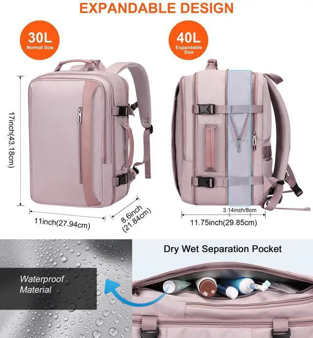 Alt view image 2 of 5 - PIJUSHI Travel Backpack for Women Expandable Carry on Backpacks Flight Approved 40L 16 inch Laptop Bag with USB Port(PE034 Light Purple)