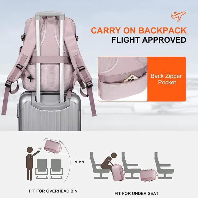 Alt view image 5 of 5 - PIJUSHI Travel Backpack for Women Expandable Carry on Backpacks Flight Approved 40L 16 inch Laptop Bag with USB Port(PE034 Light Purple)