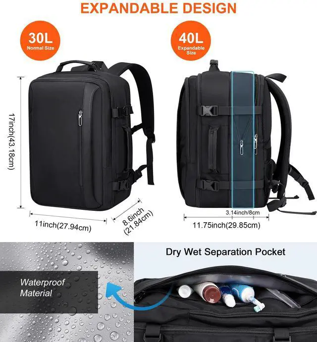 Alt view image 2 of 5 - PIJUSHI Travel Backpack for Women Men Expandable Carry on Backpacks Flight Approved 40L 16 inch Laptop Bag with USB Port(PE034 Black)
