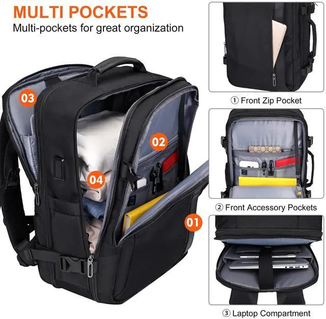 Alt view image 4 of 5 - PIJUSHI Travel Backpack for Women Men Expandable Carry on Backpacks Flight Approved 40L 16 inch Laptop Bag with USB Port(PE034 Black)