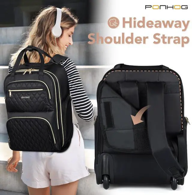 Alt view image 4 of 5 - Ponhog Rolling Backpack for Women, 15.6 Inch Travel Laptop Wheeled Backpack, 30L Roller Carry on Luggage for Adults Business College Work Overnight, Stylish Personal Item Suitcase, Black