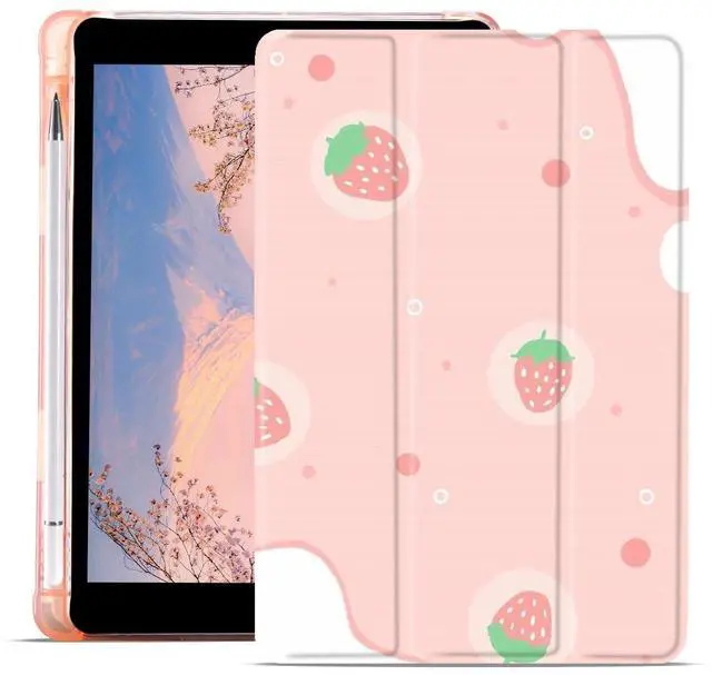 Main image of JOYLAND Pink Strawberry Case for iPad 9th/7th/8th Generation(2021/2020/2019) 10.2 Inch with Pencil Holder, Clear TPU Foldable Smart Stand Cover, Auto Wake/Sleep Shockproof Protective Case