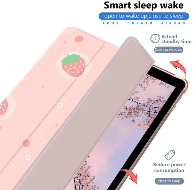 Alt view image 3 of 5 - JOYLAND Pink Strawberry Case for iPad 9th/7th/8th Generation(2021/2020/2019) 10.2 Inch with Pencil Holder, Clear TPU Foldable Smart Stand Cover, Auto Wake/Sleep Shockproof Protective Case