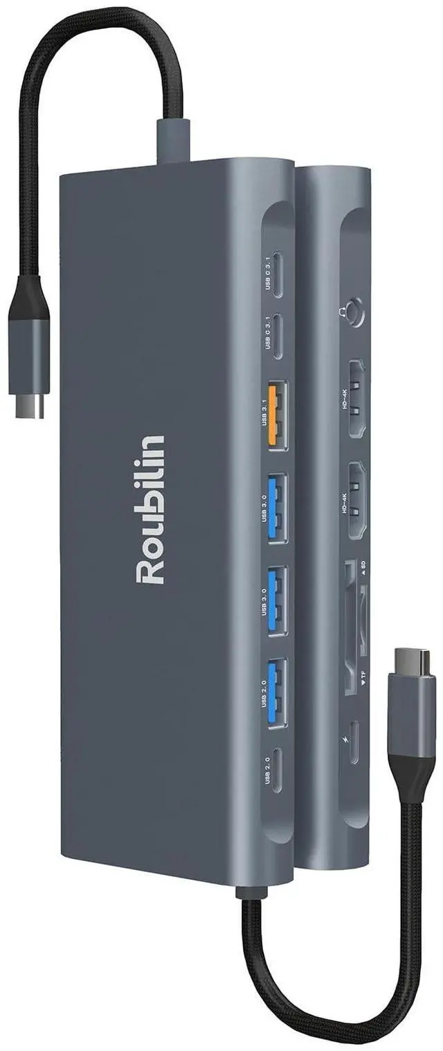 Main image of Roubilin USB C Docking Station Dual Monitor, 14 in 1 Dual HDMI Hub 4K@60Hz, USB3.1/3.0, 100W PD Charging, 5Gbps SDTF Card Reader, Gigabit Ethernet, for SteamDeck/iPhone/DELL/HP etc (Darkgray)