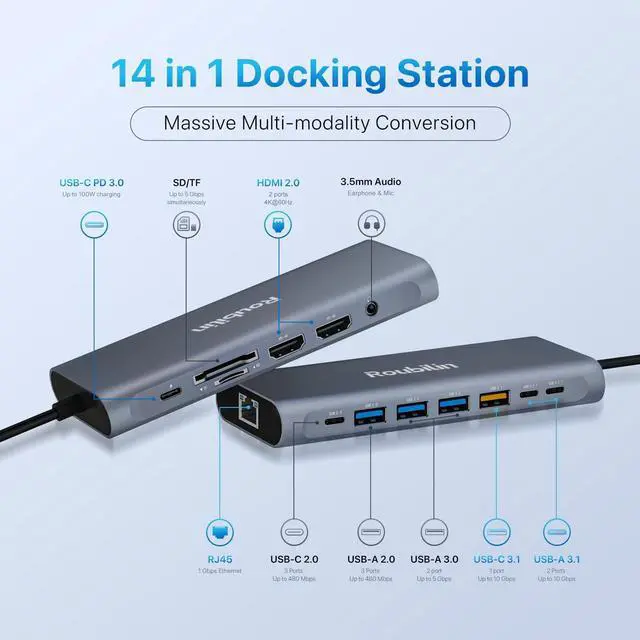 Alt view image 2 of 5 - Roubilin USB C Docking Station Dual Monitor, 14 in 1 Dual HDMI Hub 4K@60Hz, USB3.1/3.0, 100W PD Charging, 5Gbps SDTF Card Reader, Gigabit Ethernet, for SteamDeck/iPhone/DELL/HP etc (Darkgray)