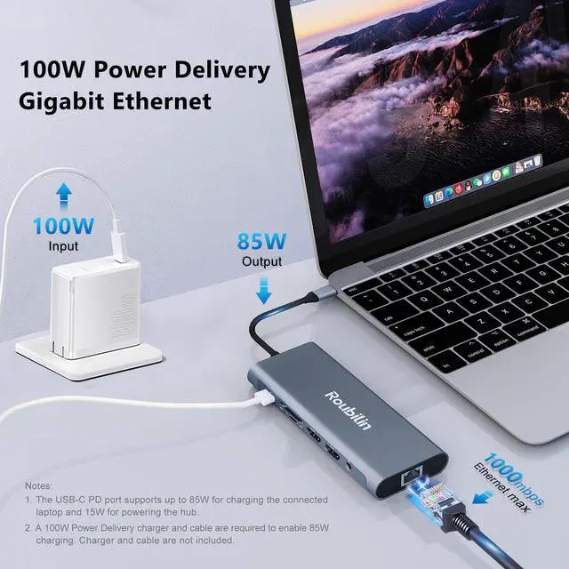 Alt view image 5 of 5 - Roubilin USB C Docking Station Dual Monitor, 14 in 1 Dual HDMI Hub 4K@60Hz, USB3.1/3.0, 100W PD Charging, 5Gbps SDTF Card Reader, Gigabit Ethernet, for SteamDeck/iPhone/DELL/HP etc (Darkgray)