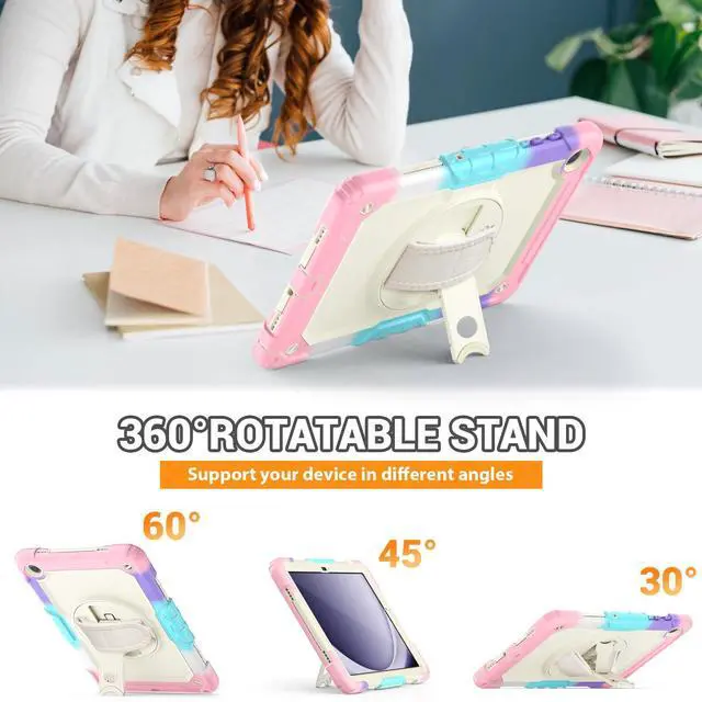 Alt view image 4 of 5 - SEYMAC for Samsung Galaxy Tab A9+/ A9 Plus Case 11" 2023 (SM-X210/X216/X218), Heavy Duty Shockproof Protective Case with Screen Protector, Rotating Stand, Hand/Shoulder Strap, Pink