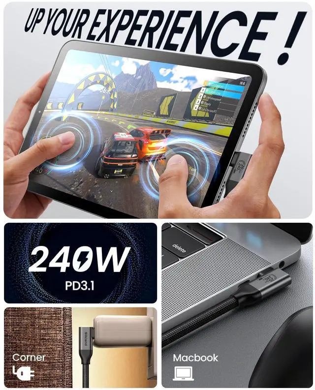 Alt view image 5 of 5 - Silkland Long Right Angle [10FT/3M] 40Gbps USB 4 Cable for Thunderbolt 4, 5K/4K@60Hz, 240W Charging, 90 Degree USB C Thunderbolt Cable, Compatible for MacBook, iPhone 16, iPad, SSD, Dock