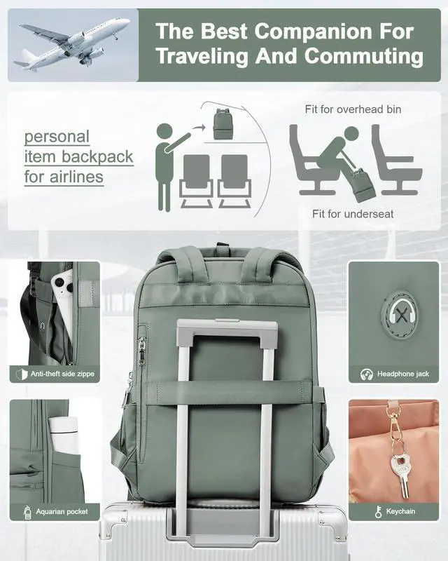 Alt view image 2 of 5 - suratio Travel Backpack Carry On Flight Approved Small Travel Backpack For Women Carry On Backpack Personal Item Travel Bag Laptop Teacher Backpack Work Backpack For Traveling On Airplane Army Green