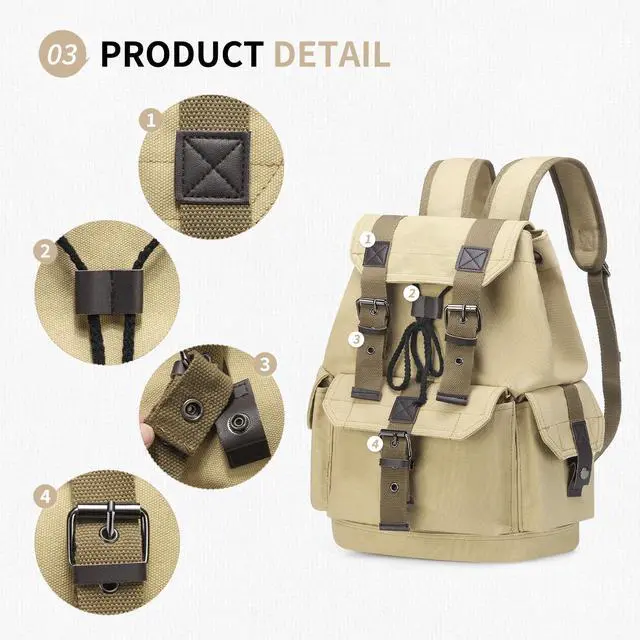 Alt view image 5 of 5 - SUIKIHUM Vintage Canvas Backpack for Men Women, Durable Casual Daypack, Large Capacity Travel Rucksack Fits for Hiking and Daily Use (Khaki)