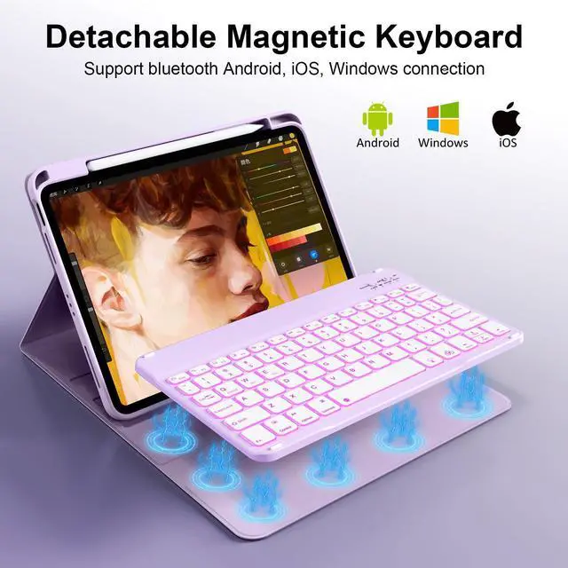 Alt view image 3 of 5 - SZPSGC Keyboard Case for iPad (A16) 11th Generation 11 Inch 2025, iPad 10th Generation 10.9 Inch 2022, Smart Folio Cover with 7 Colors Backlit Wireless Detachable Keyboard, Auto Sleep Wake, Purple