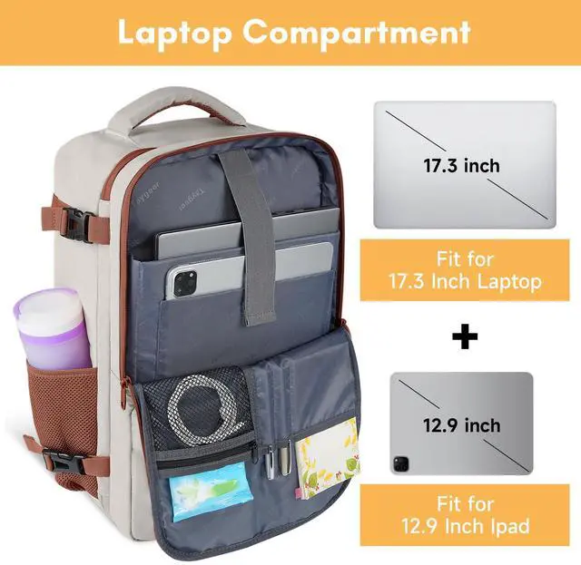 Alt view image 5 of 5 - Taygeer Backpack for Women, College Backpack with Laptop Compartment & Shoe Pouch, 40l Travel Laptop Mochila Carry On Luggage, Airline Approved Personal Item Bag for Weekender Gym Hiking, Khaki White