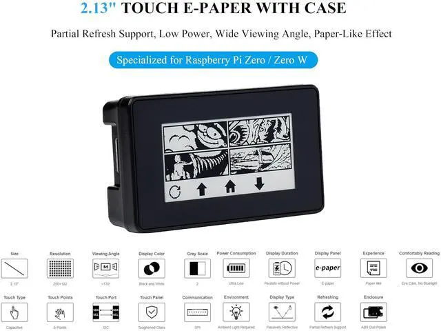 Alt view image 3 of 5 - 2.13inch Touch e-Paper HAT E-Ink Display 250×122 Pixels Compatible with Raspberry Pi Zero 2 W/Zero 2 WH/Pi Zero W/Pi Zero WH/Pi Zero, 5-Point Touch, Supports Partial Refresh, with ABS Case