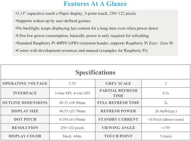 Alt view image 4 of 5 - 2.13inch Touch e-Paper HAT E-Ink Display 250×122 Pixels Compatible with Raspberry Pi Zero 2 W/Zero 2 WH/Pi Zero W/Pi Zero WH/Pi Zero, 5-Point Touch, Supports Partial Refresh, with ABS Case