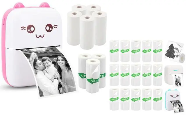 Main image of Vicbear Mini Pocket Printer Set with 8 Rolls Printing Paper + 15 Rolls Thermal Sticker Paper Set, Pink