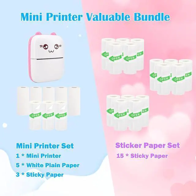 Alt view image 2 of 5 - Vicbear Mini Pocket Printer Set with 8 Rolls Printing Paper + 15 Rolls Thermal Sticker Paper Set, Pink