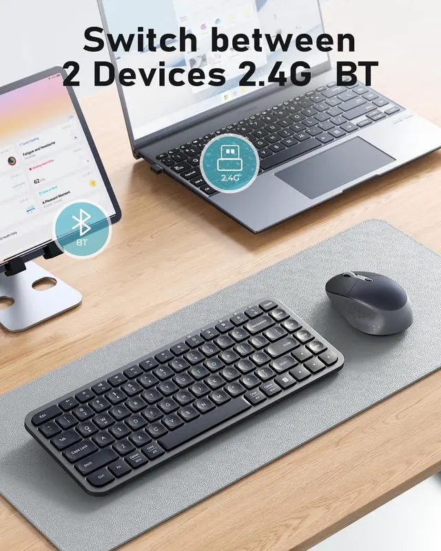 Alt view image 2 of 5 - Bluetooth Keyboard and Mouse, Vssoplor Compact Multi-Device Wireless Keyboard Mouse Combo Set for Business and Travel, 2.4G+Bluetooth Portable Keyboard for Laptop iPad Tablet-Black Gray