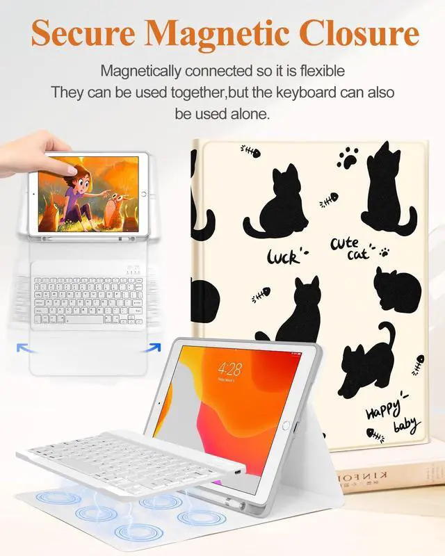 Alt view image 4 of 5 - Wazzasoft for iPad 9th/8th/7th/Air 3rd Generation/Pro 10.5 Inch Case Keyboard Pencil Holder Folio Tablet Cover Women Girl Cute Girly Teen Kawaii Black Cat Unique Design for Apple 10.2 & 10.5 Inch