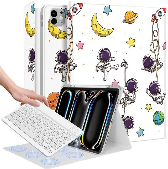 Main image of Wazzasoft for iPad Pro 13 inch Case 2024 M4 with Keyboard - Pencil Holder Folio Tablet Cover Women Girl Cute Kawaii Astronaut Unique Design for Apple Pro 13 A2925 A2926 A3007