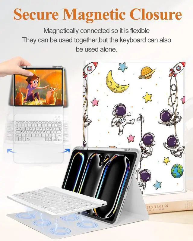 Alt view image 4 of 5 - Wazzasoft for iPad Pro 13 inch Case 2024 M4 with Keyboard - Pencil Holder Folio Tablet Cover Women Girl Cute Kawaii Astronaut Unique Design for Apple Pro 13 A2925 A2926 A3007
