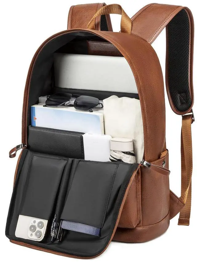 Alt view image 2 of 5 - weiatas Leather Laptop Backpack for Men Women Work, Lightweight School Backpack Bookbag for College Students, Waterproof Casual Daypack Travel Computer Backpack fits 15.6 (Brown)