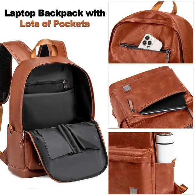 Alt view image 3 of 5 - weiatas Leather Laptop Backpack for Men Women Work, Lightweight School Backpack Bookbag for College Students, Waterproof Casual Daypack Travel Computer Backpack fits 15.6 (Brown)
