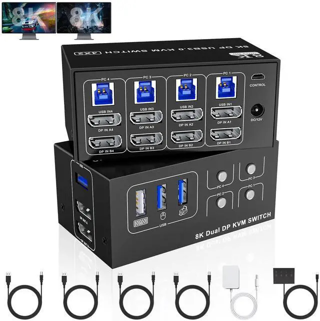 Main image of 8K@60Hz Displayport USB 3.0 KVM Switch 2 Monitors for 4 Computers 4K@144Hz, DP1.4 Dual Monitor Displayport KVM Switch 4 Port with 4 USB Ports, 8K@60Hz DP Monitor Switch for 4 PCs