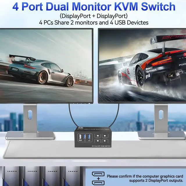 Alt view image 3 of 5 - 8K@60Hz Displayport USB 3.0 KVM Switch 2 Monitors for 4 Computers 4K@144Hz, DP1.4 Dual Monitor Displayport KVM Switch 4 Port with 4 USB Ports, 8K@60Hz DP Monitor Switch for 4 PCs