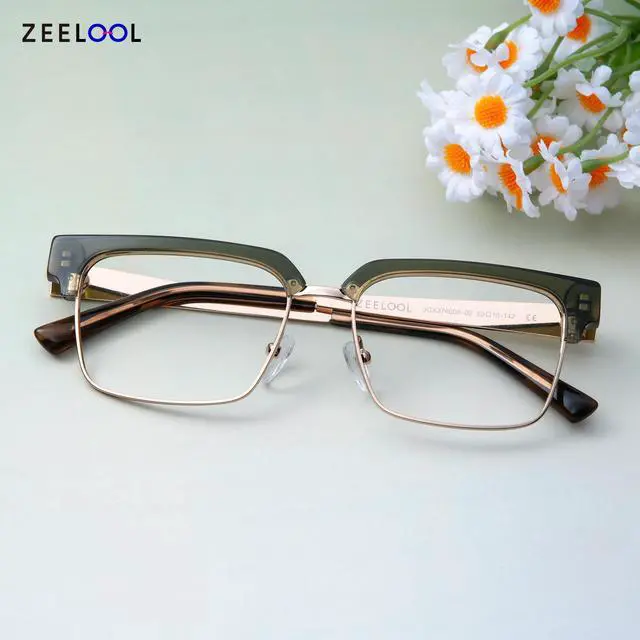 Alt view image 3 of 5 - Zeelool Retro Rectangle Half-frame Blue Light Blocking Glasses for Men TV Phone Computer Gaming Glasses Gerena ZJGX374608-02 Green