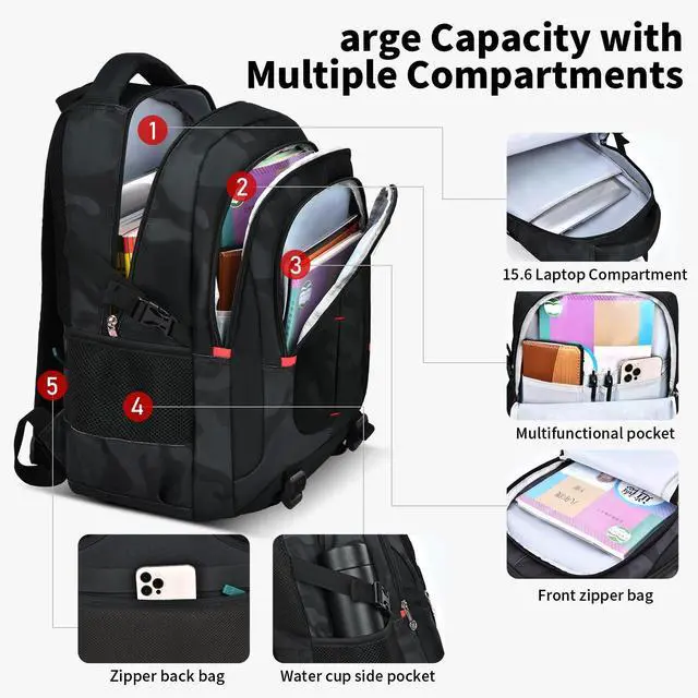 Alt view image 4 of 5 - ZHIDOBO Backpack for School Boys Backpacks for Kids Camo Bookbag for Middle School Bags high school Waterproof Travel Back Pack
