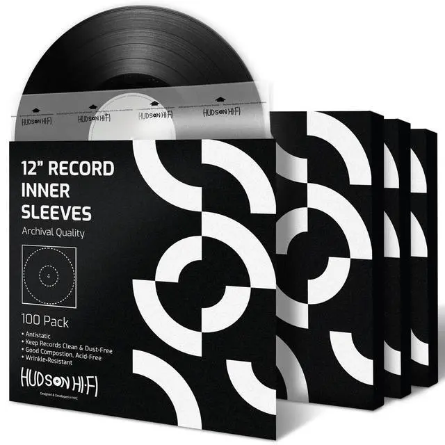 Main image of Hudson Hi-Fi Anti-Static Vinyl Record Inner Sleeves 100 Pack - Durable Clear Disc Sleeves- Protect Your LP Albums from Scratches, Dust & Dirt - Acid-Free Rice Paper Interior Disc Covers