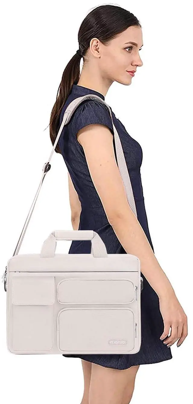Alt view image 5 of 5 - MOSISO Laptop Shoulder Bag Compatible with MacBook Air/Pro,13-13.3 inch Notebook,Compatible with MacBook Pro 14 inch M4 M3 M2 M1 with 2 Raised&1 Flapover&1 Horizontal Pocket&Handle&Belt, Stone Gray