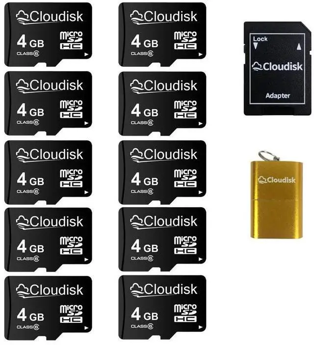 Main image of Cloudisk Pack of 10 Micro SD Card 4GB Flash Memory Card C6 Micro SDHC with SD Adapter, Card Reader (4GB)