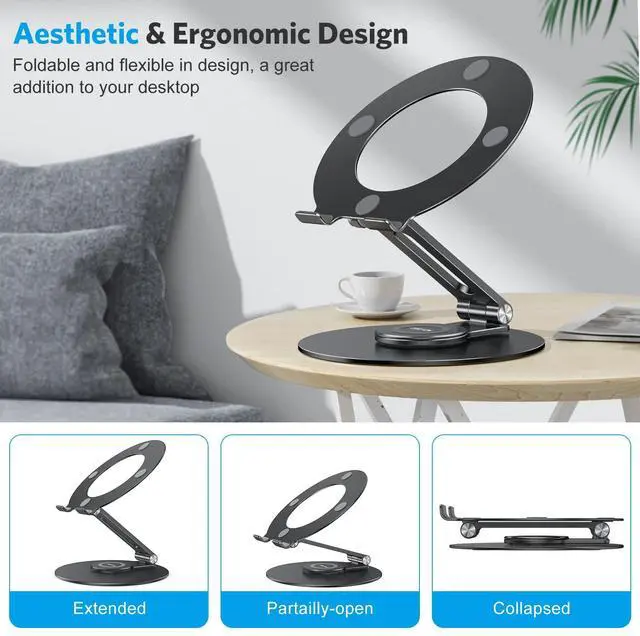 Alt view image 5 of 5 - OMOTON Adjustable Laptop Stand with 360 Rotating Base, Ergonomic Laptop Riser for Collaborative Work, Dual Rotary Shaft Fully Foldable for Easy Storage, Fits All Laptops up to 16 inches, Black