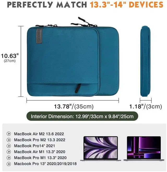 Alt view image 2 of 5 - MoKo Laptop Sleeve Bag for 13.3-14 Inch, Notebook Carrying Case with Pocket Fits New MacBook Pro M3/M2 14" /13" M2/M1 Pro/M1 Max 14.2 2023-2021/Air 13.6" M2 2022, Surface Pro 9/8 13", Peacock Blue