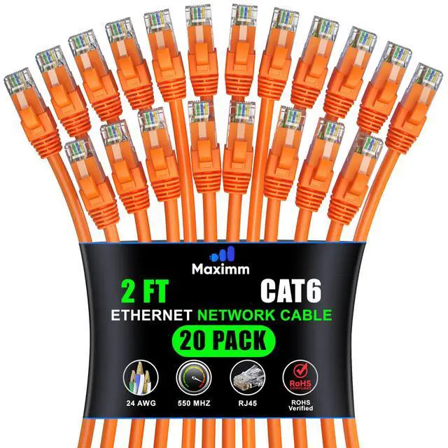 Main image of Maximm Cat 6 Ethernet Cable 2 ft (20-Pack) - High-Speed LAN Cable, Internet Cable, Patch Cable, and Network Cable - UTP, 10Gbps, 550MHz Ethernet Cord - Orange