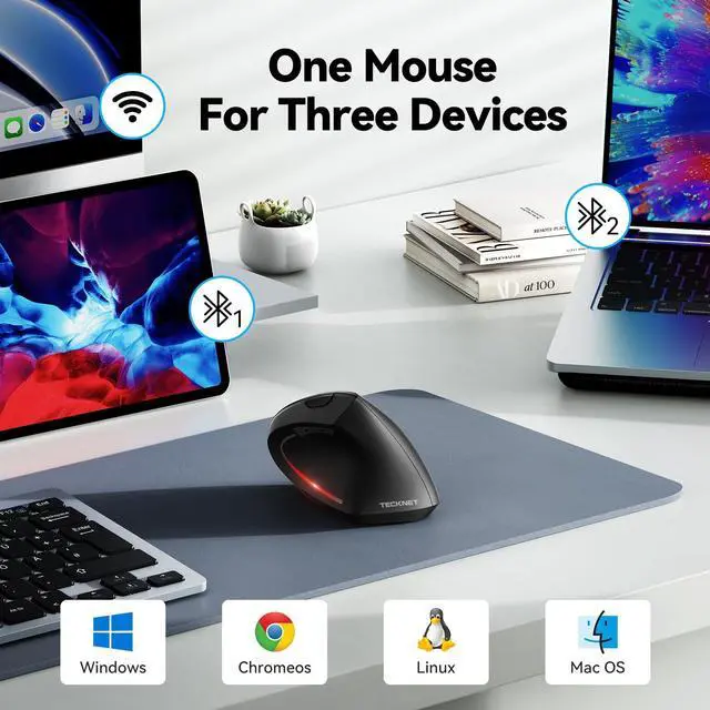 Alt view image 2 of 5 - TECKNET Ergonomic Mouse, Wireless Bluetooth Vertical Mouse, 4800 DPI Optical Tracking, 6 Adjustable DPI, Quiet Clicks, 2.4GHz with USB A Receiver, 6 Buttons, Wide Compatibility - Black