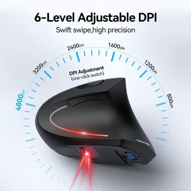 Alt view image 3 of 5 - TECKNET Ergonomic Mouse, Wireless Bluetooth Vertical Mouse, 4800 DPI Optical Tracking, 6 Adjustable DPI, Quiet Clicks, 2.4GHz with USB A Receiver, 6 Buttons, Wide Compatibility - Black