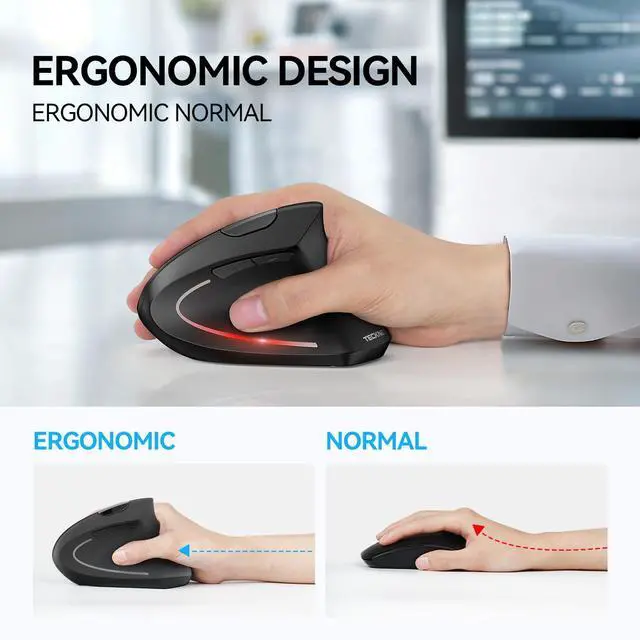 Alt view image 4 of 5 - TECKNET Ergonomic Mouse, Wireless Bluetooth Vertical Mouse, 4800 DPI Optical Tracking, 6 Adjustable DPI, Quiet Clicks, 2.4GHz with USB A Receiver, 6 Buttons, Wide Compatibility - Black