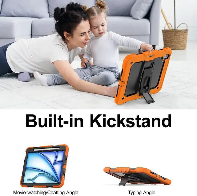 Alt view image 4 of 5 - Timecity for iPad Air 11 inch Case 2025/2024 (M3/M2) Air 7th/6th Genaration: with Screen Protector, Foldable Stand, Heavy Duty Rugged Shockproof Protective Case- Orange