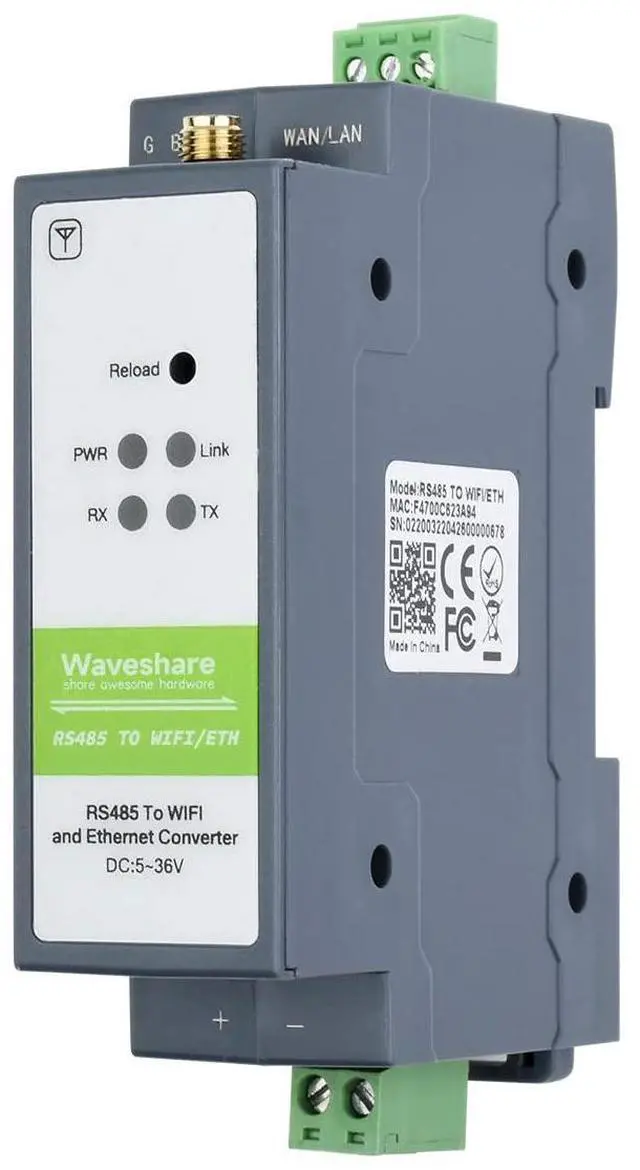 Main image of Waveshare RS485 to WiFi/Ethernet Module Rail-Mount Serial Server Modbus MQTT Gateway